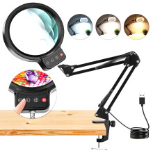 NZQXJXZ 10X 30X Large Magnifying Glass with Light, LED Lighted Magnifier lamp with Clamp, 3 Colour Modes Stepless Dimmable, Hands-Free Magnifying