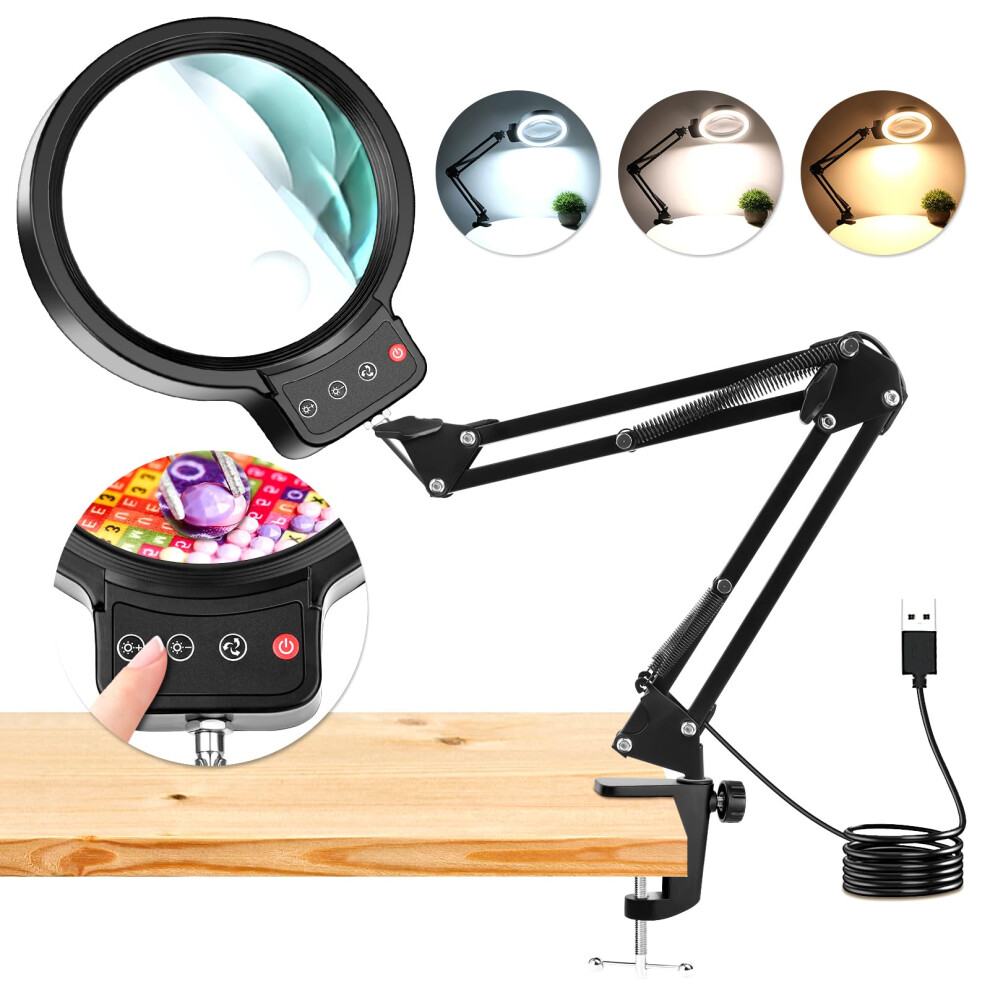 Nzqxjxz Light 10X 30X Large Magnifying Glass With Led Ed Magnifier Lamp With Clamp, 3 Colour Modes Stepless Dimmable, Hands-Free Magnifying