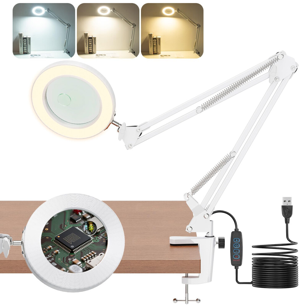 Jubor Light Magnifying Glass With And Stand, 10X 8X Led Magnifying Lamp With Clamp, Desk Magnifier Lamp With 3 Color Modes Dimmable For Hobby