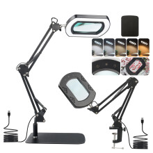 Zhiwei 2-in-1 10X Square Magnifying Glass with Light and Stand, 5 Color Modes Stepless Dimmable, Flexible Swing Arm LED Desk Lamp for Reading,