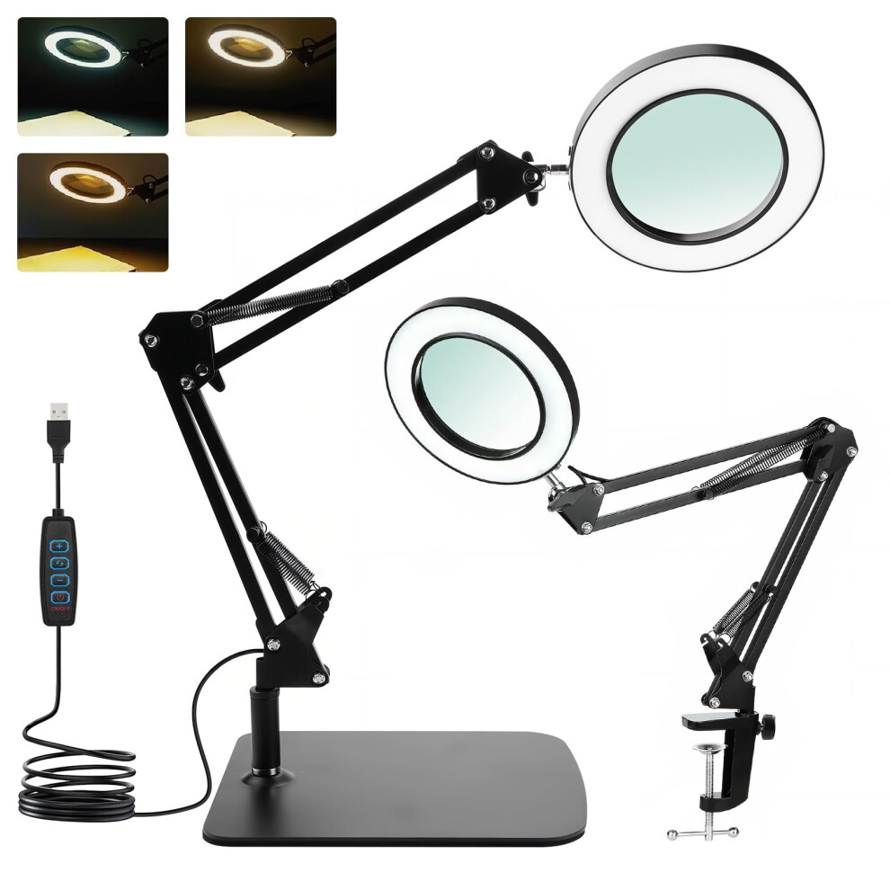 Comeder 10X Magnifying Glass With Light & Stand - Adjustable Arm, 3 Colour Modes, Dimmable Led, Hands-Free Clamp For Reading, Crafts, Sewing & Hobbies