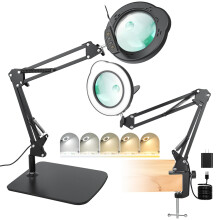 15X 30X Magnifying Glass with Light and Stand, LED Desk Lamp with Base and Clamp, 5 Color Mode, 10 Dimmable Levels, Hands-Free Magnifying Glasses for