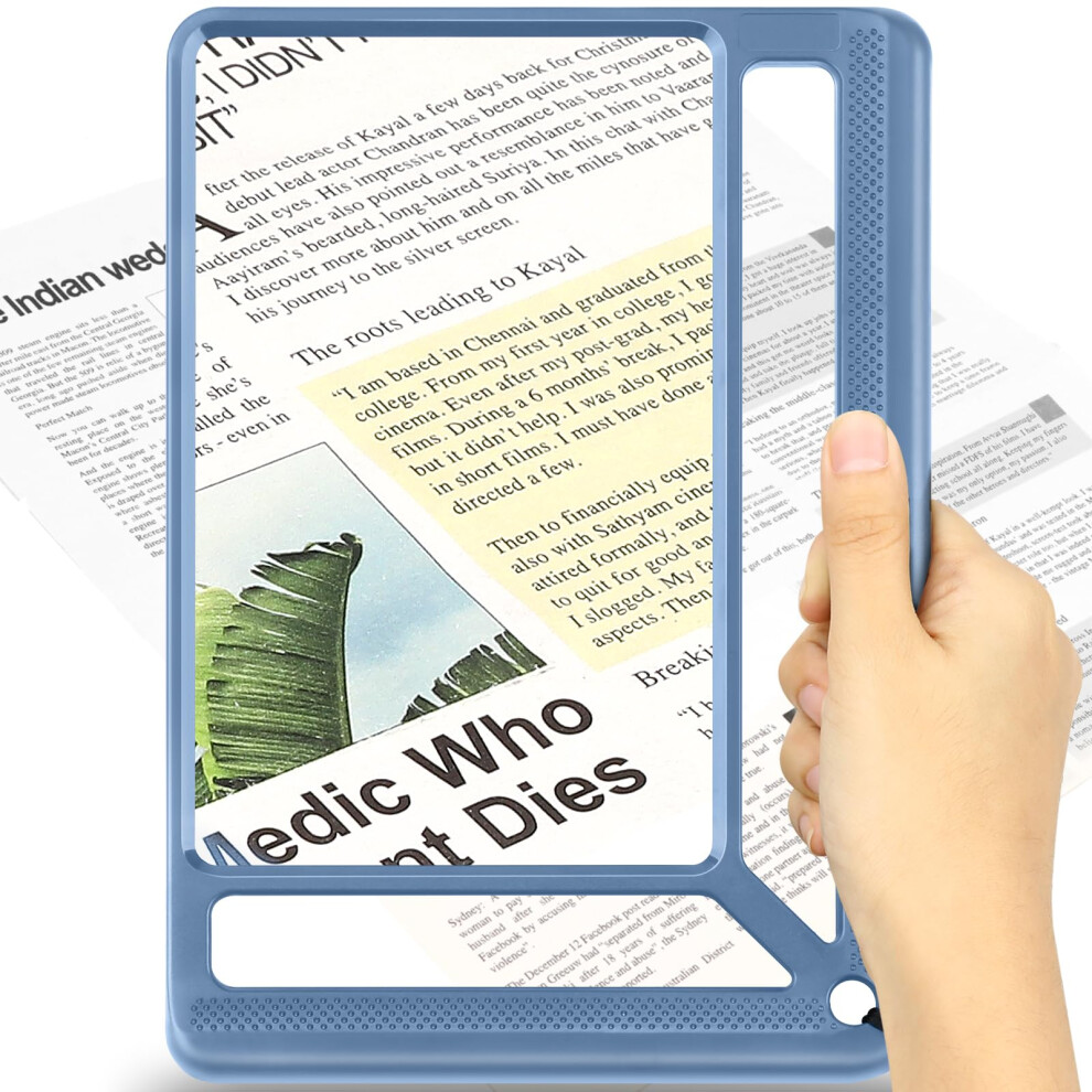 Tobegiga Blue 5X Full Page Magnifying Glass For Reading, Lightweight Rectangular Magnifier With Large Book Page Viewing Area, Handheld Magnifier For Reading Small
