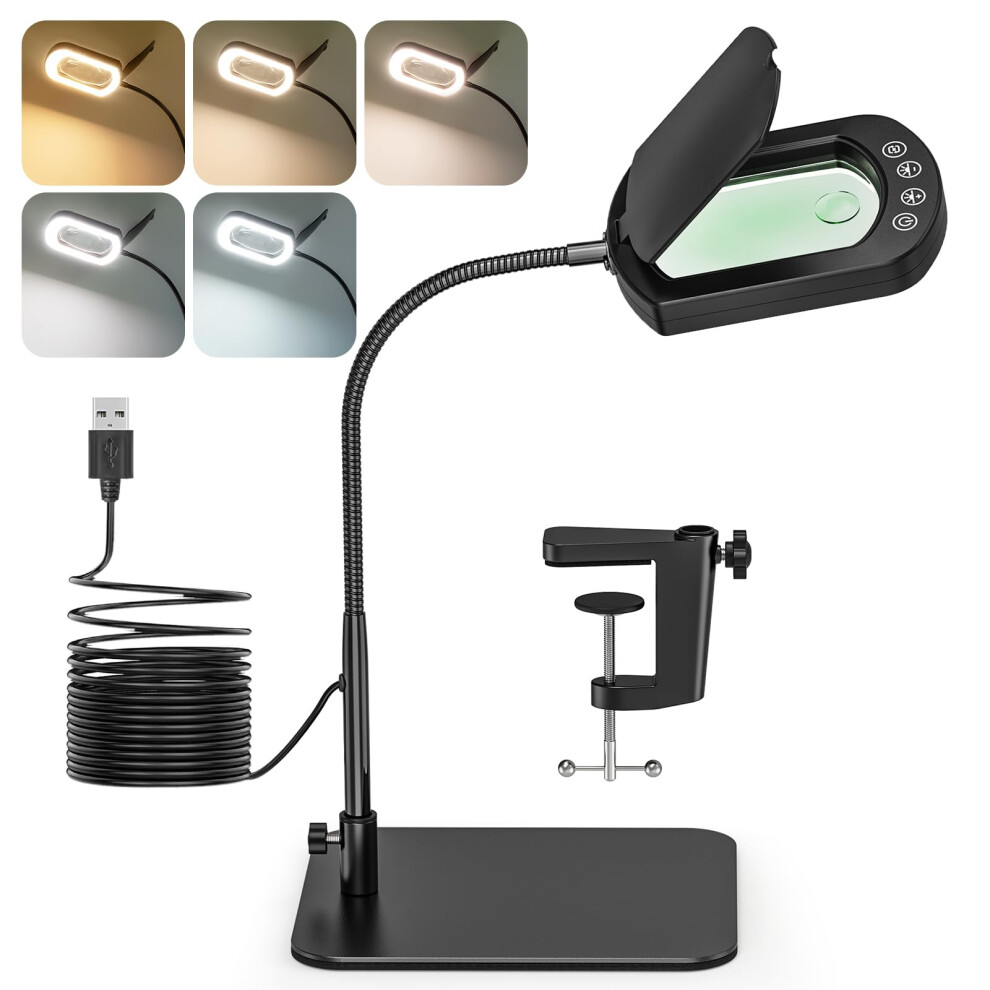 Jubor Light Gooseneck Magnifying Glass With And Stand, 15X 10X Led Magnifying Lamp With Dust Cover, Desk Magnifier Lamp With 5 Color Modes Stepless