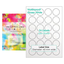 Evergreen Goods A4 Round Precut Sticker Labels - Waterproof Glossy White | 40mm (24 Labels per Sheet, 240 in Total) 10 Sheets | Inkjet Laser Printable