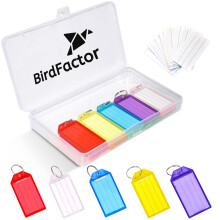 BirdFactor 25 Pack Heavy Duty Key Tags with Labels - 5 Colours, Plastic Box with Extra Paper Labels, Keyrings & Key Fobs with Split Rings for Keys,