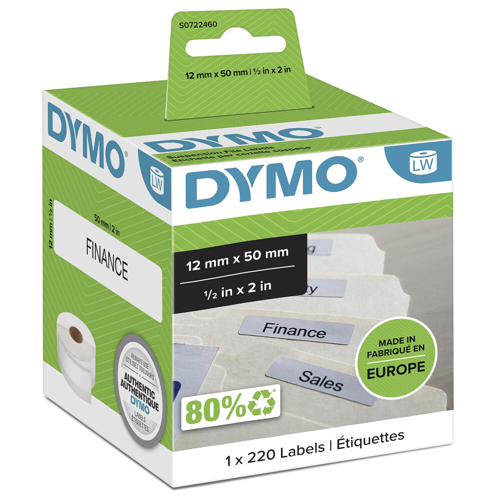 Dymo Authentic Labelwriter Suspension File Labels | 12Mm X 50Mm | Roll Of 220 Easy-Peel Labels | Self-Adhesive | For Labelwriter Label Makers