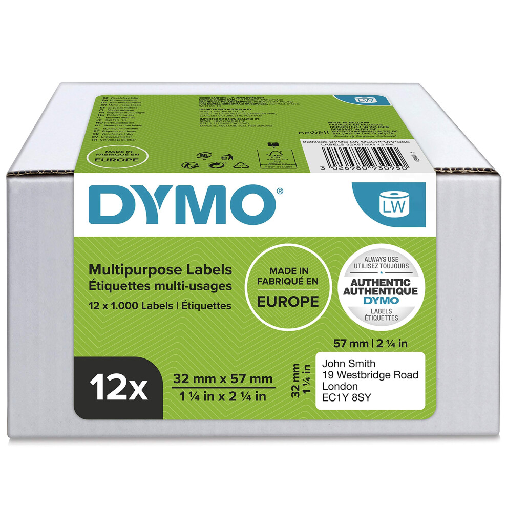 Dymo Authentic Labelwriter Multi-Purpose Labels | 32Mm X 57Mm | 12 Rolls Of 1,000 Easy-Peel Labels (12,000 Count) | Self-Adhesive | For Labelwriter