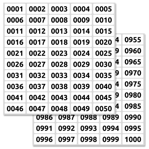 1-1000 Consecutive Number Inventory Labels Stickers Sheets - 4 x 2 cm
