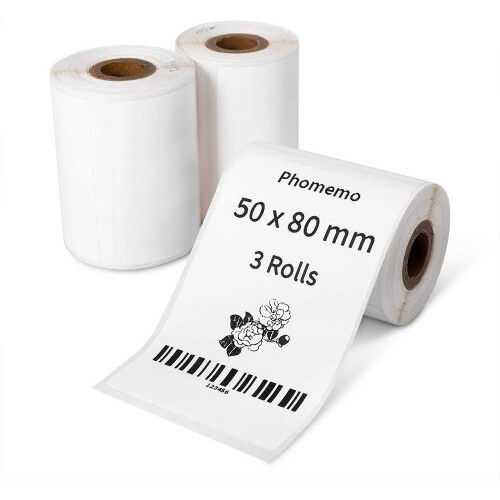 Phomemo 3 Rolls M110 Label, 1.97"x3.15" (50x80mm), 300 Labels, White Rectangular Thermal Labels for Phomemo Printers