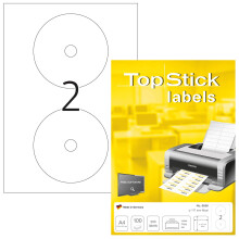 TopStick 8656 Full Face CD Labels, 2 Labels Per A4 Sheet, ? 117 mm MAXI, 200 Labels, Self Adhesive, Stickers for Laser and Inkjet Printers, White