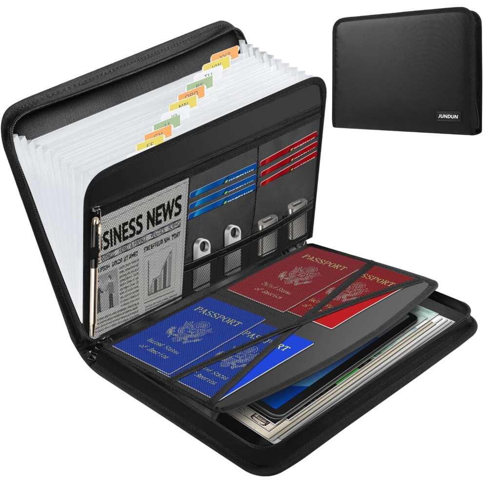 Jundun Fireproof Document Organiser - 13 Pockets Expanding File Folder With Zipper & Labels - Portable Waterproof File Organiser With Multi-Pockets 5051303179578
