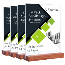 URbantin A4 Acrylic Sign Holder,4 Pack Clear Display Stands Plastic Menu Holders for Restaurant, Hotel, Documents, Office, Shop (Wood Base)