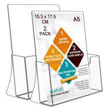 ROSSHINE A5 Leaflet Holder, Crystal Clear Acrylic Brochure Holder 2 Pack, Freestanding Menu Flyer Perspex Display Sands for Magazine Business Card