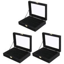 3X Velvet Glass Ring Earring Jewelry Display Organizer Box Tray Holder Storage Case, Black