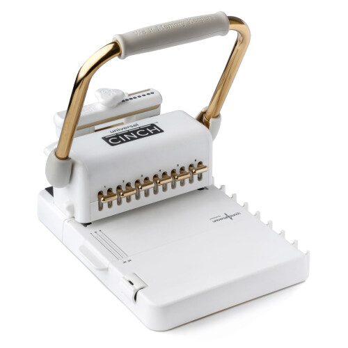 Universal Cinch Premium Binding Machine, 20 Binding Variations, White and Gold, with Wire Sizing Guide and Centering Ruler