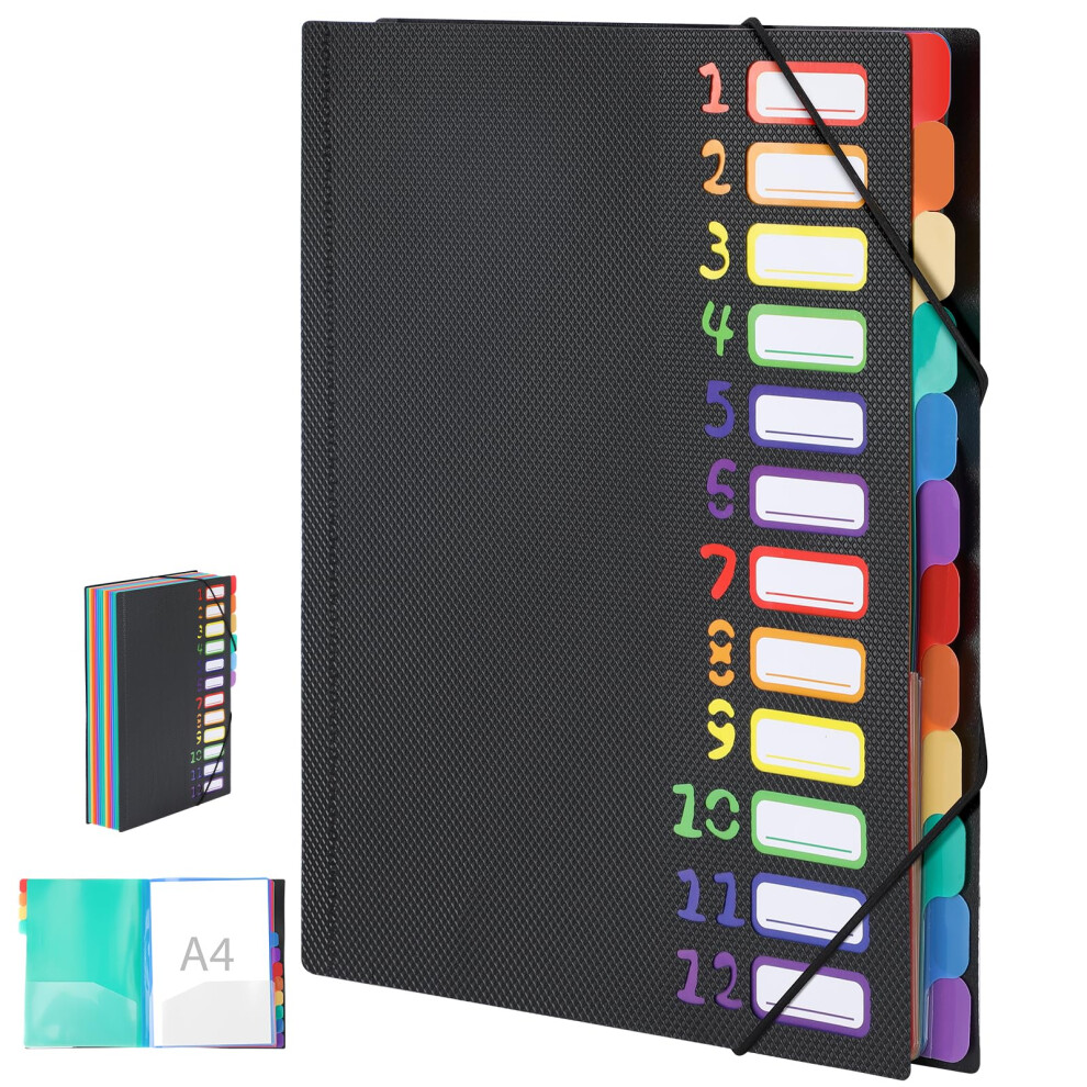 Euqvunn 12-Pocket Expanding File Folder,180? Lay-Flat Open File Organiser, Filing Folder With Elastic Band, Black A4 Document Organiser With Rainbow 5051303180215