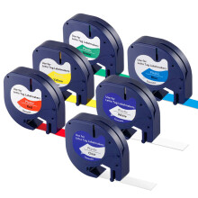 ABSOFINE 6Pcs LetraTag Label Plastic Colorful, 12 mm x 4 m Roll, Black on Transparent/White/Yellow/Red/Blue/Green, Replacement Label Tape