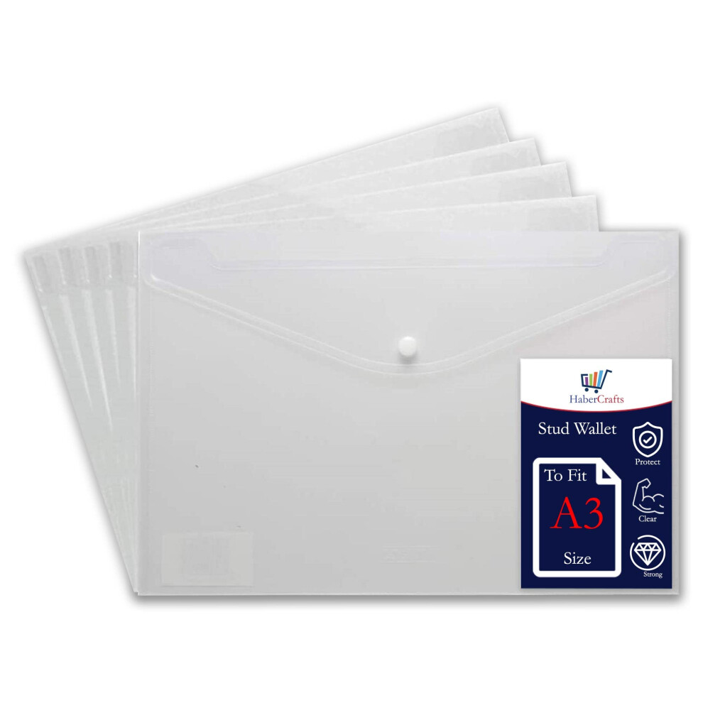 A3 Plastic Wallets Clear Popper Wallet Envelope Folders Transparent School Document Folder Press Stud Wallet Carry File Pockets Plastic Folder Office 5051303181458