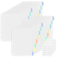 32 Pcs Punched Pockets A4 Plastic Sleeves with Tab Divider for Binder Folder Clear Poly Pockets Top-Opening 11 Holes Binder Pocket for School Office