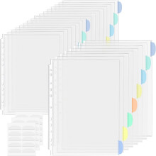 24 Pack A4 Plastic Sleeves Binder Separators with Tabs Binder Pocket 11 Holes Tabs Divider Binder Folders for 2/3/4 Ring Document Pouch Transparent