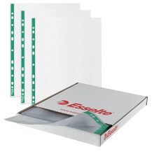 Esselte A4 Punched Pockets, 500 x Poly Pockets, 43 Micron Thickness, Embossed A4 Pockets With Punched Reinforced Green Spine, Ideal For Lever Arch