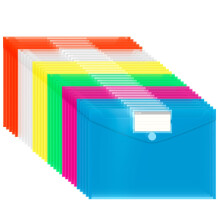 A4 Plastic Wallets, 30 Pack File Folders for Document Paperwork Clear Assorted Coloured Envelope with Label Pocket Velcro Button Home School Travel