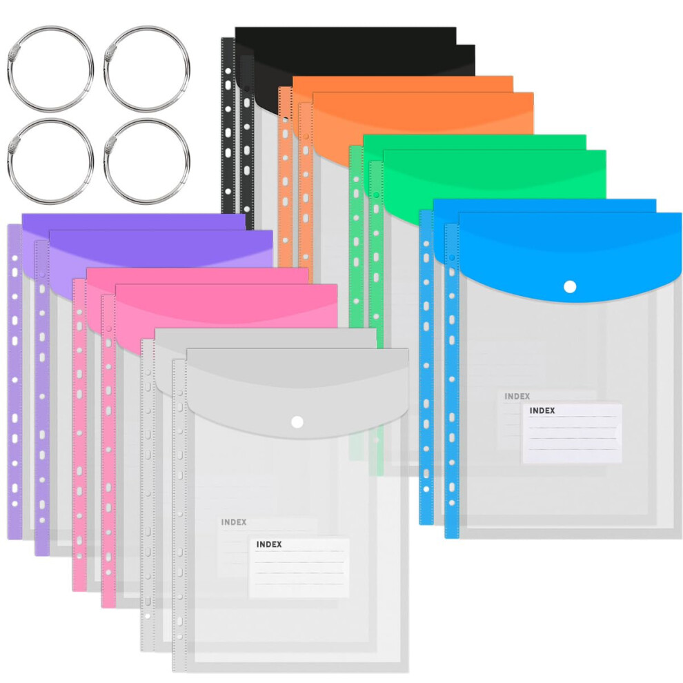 Batino 14 Pack Punched Pockets A4 Plastic Wallets, 11 Holes Expandable Large Capacity Binder Pocket With Snap Button And Label Pocket, Plastic 5051303184978