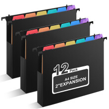 Uquelic A4 Suspension Files 12 Pack, Extra Capacity Hanging Files with Tabs and Colorful Folder Dividers, 2 Inch Expansion, Plastic Filing Cabinet
