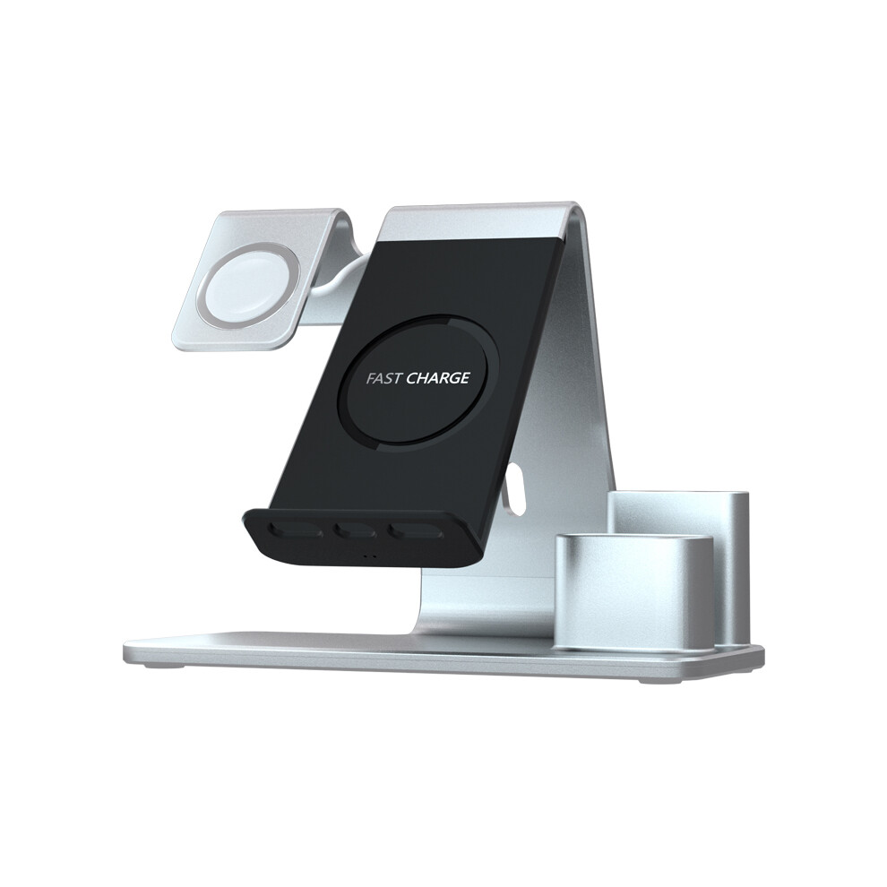 (Silver) 3 In 1 Wireless 10W Fast Charge Charging Station Dock Mount Brush Holder For Samsung Iphone Silver 110691425164