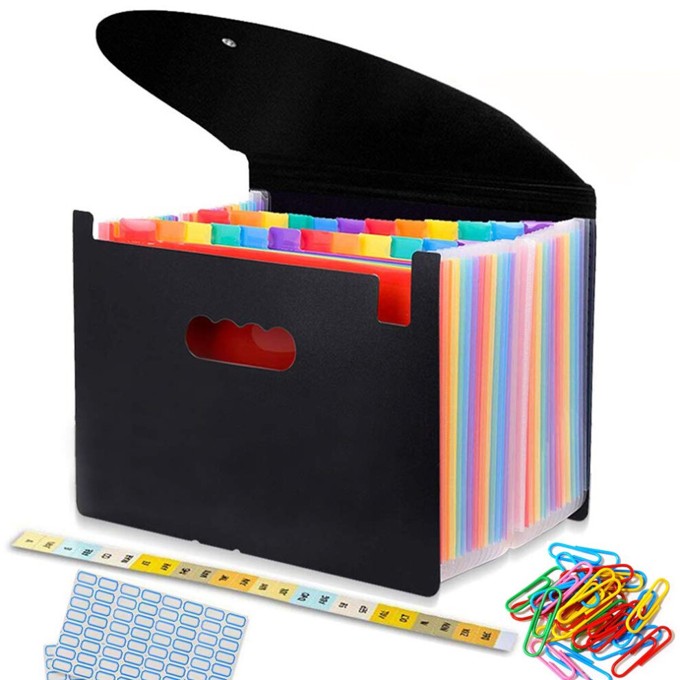 File Organiser, A4 Document Organiser 24 Pockets, Twill Expanding Accordion Filing Folders, File Storage Box With Lid, Labels And Clips (Black-C) 5051303186231