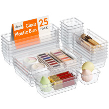 Lifewit 25pcs Drawer Organiser Set, Clear Makeup Trays Plastic, Desk Drawer Dividers Dresser Storage Bins Separation Box for Bathroom, Office,