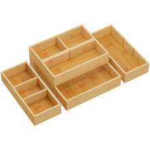 Lifewit 5 pcs Bamboo Drawer Organiser(11 Grid) with 6 Inserts, Adjustable Desk Drawer Dividers Trays, Stackable Wood Storage Boxes for Stationery,