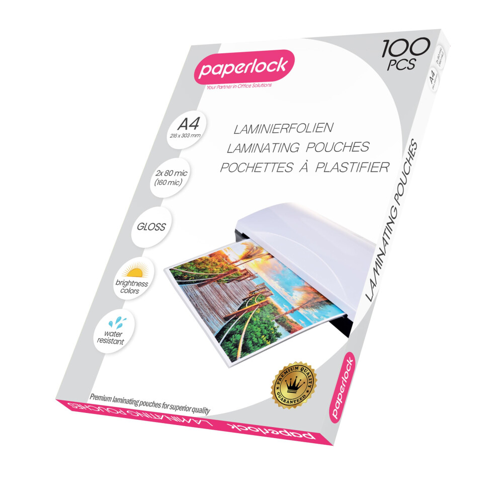 Photos - Other Office Equipment Paperlock - Pack of 100 Laminating Pouches A4, 2X 80micron, Gloss Finish Transparent, Packaging May Vary 8032655
