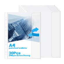 30 A4 Plastic Sleeves Side Opening with Flap,240 Micron Heavy Duty Plastic Wallets,11 Hole Clear Poly Pockets for a4 Paper,Punched Pockets for 2/3/4