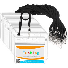 Fushing 30Pcs Clear Plastic Horizontal Name Tags Badge ID Card Holders and 30Pcs Flat Neck Lanyards with Swivel Hook
