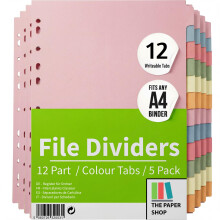 File Dividers A4, 12 Part Folder Dividers for Ring Binders & Lever Arch Files (5 Pack) Binder and Subject Dividers with Writeable Coloured Index Tabs