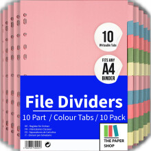 File Dividers A4, 10 Part Folder Dividers for Ring Binders & Lever Arch Files (10 Pack) Binder and Subject Dividers with Writeable Coloured Index Tabs