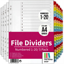 [5 Pack] A4 File Dividers 20 Part Numbered 1-20 | A4 Subject Dividers 20 Part Numbered 1-20 with Multipunched Reinforced Colour Tabs 150gsm