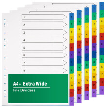 A4 File Dividers 12 Part Extra Wide Coloured Tabs?5 Pack?Folder Dividers Coloured Mylar for Lever Arch Files Multipurpose Porous Index Dividers
