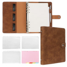 FYY A5 Leather Notebook 6 Ring Notebook with A5 Refill Sheets, Binder Pockets and Paper Dividers, Travel Journal with Ring Binder Brown