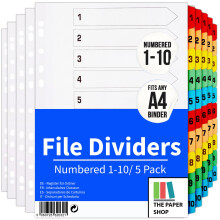 File Dividers A4, 10 Part Folder Dividers for Ring Binders & Lever Arch Files, Binder & Subject Dividers (5 Pack)