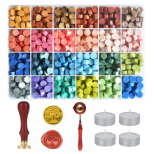24 Colors Wax Seal Kit,600 Pcs Sealing Beads,Seal Stamp Kit with Spoon,Stamps Removable Wooden Handle,and 4Pcs Tea Candles,Sealing Wax for