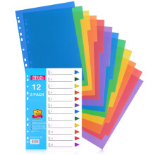 A4 File Dividers, 12 Part Wide Subject Dividers, 5 Pack Card Folder Dividers Multi Hole Punched in Assorted Colours for Lever Arch Files Multipurpose