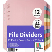 File Dividers A4, 12 Part Folder Dividers for Ring Binders & Lever Arch Files (25 Pack) Binder and Subject Dividers with Writeable Coloured Index Tabs