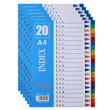1-20 Part File Dividers A4,?6Pack? Plastic A4 Folder Dividers for Ring Binders with11-Holes & Content List, Multi-Colour Index Dividers for Lever Arch