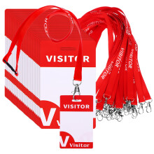 30 Pack Red Visitor Badge Lanyards Volunteer Lanyards Badge Holder with Clips ID Card Holder Lanyard with 30 PVC Pass Card Reusable Breakaway Lanyard