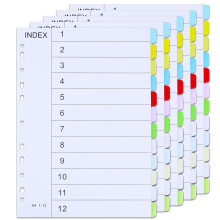 File Dividers A4, 5 Pack 12 Part Folder Dividers Coloured Multi Hole Punched A4 Dividers Tabbed Index Divider for Lever Arch Files Ring Binders Office