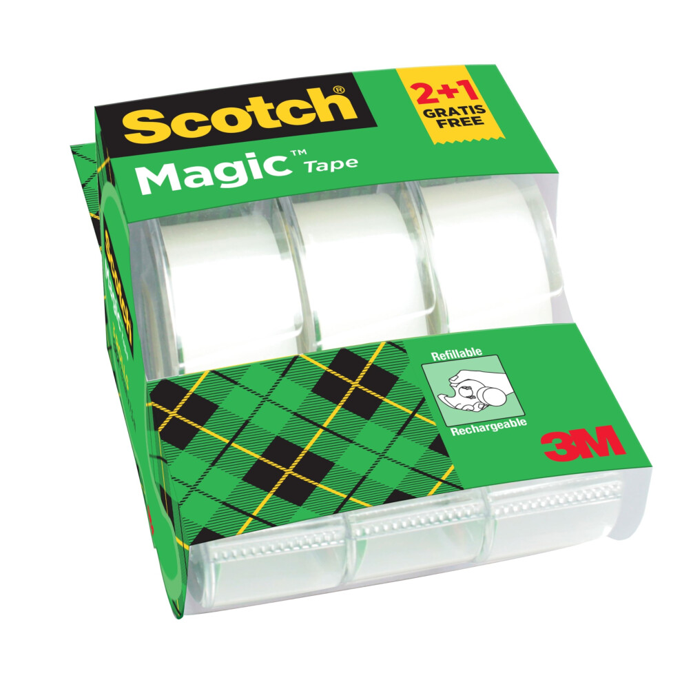 Scotch Magic Tape, Promo Pack, 2 Rolls On Handheld Dispenser + 1 Free, 19 Mm X 7.5 M - General Purpose Sticky Tape For Document Repair, Labelling &