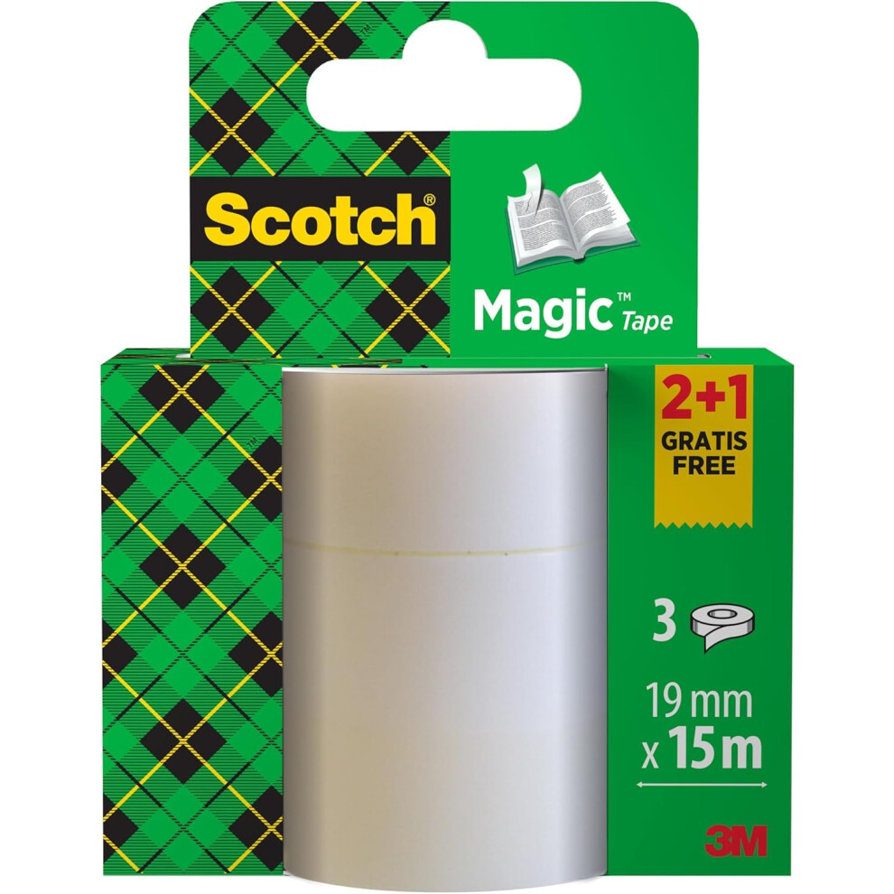 Scotch Magic Tape, Promo Pack, 2 Rolls + 1 Free, 19 Mm X 15 M - General Purpose Sticky Tape For Document Repair, Labelling & Sealing